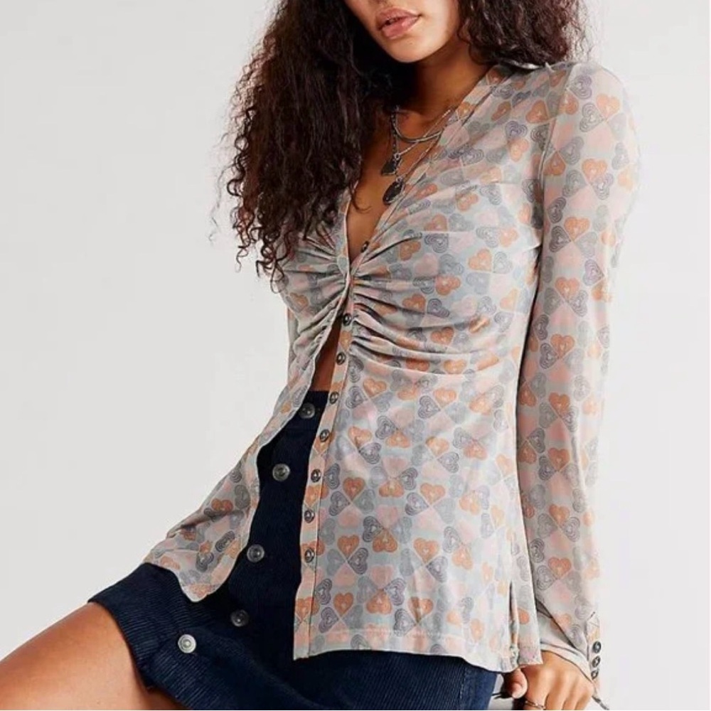 Free People Heart Print Blouse in Gray and Orange
